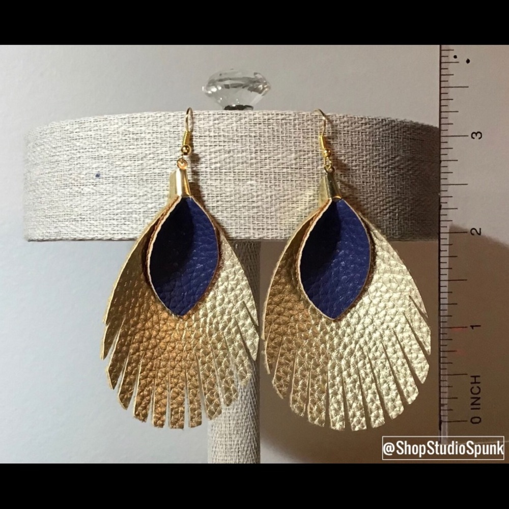 Faux Leather Navy Blue & Gold Earrings